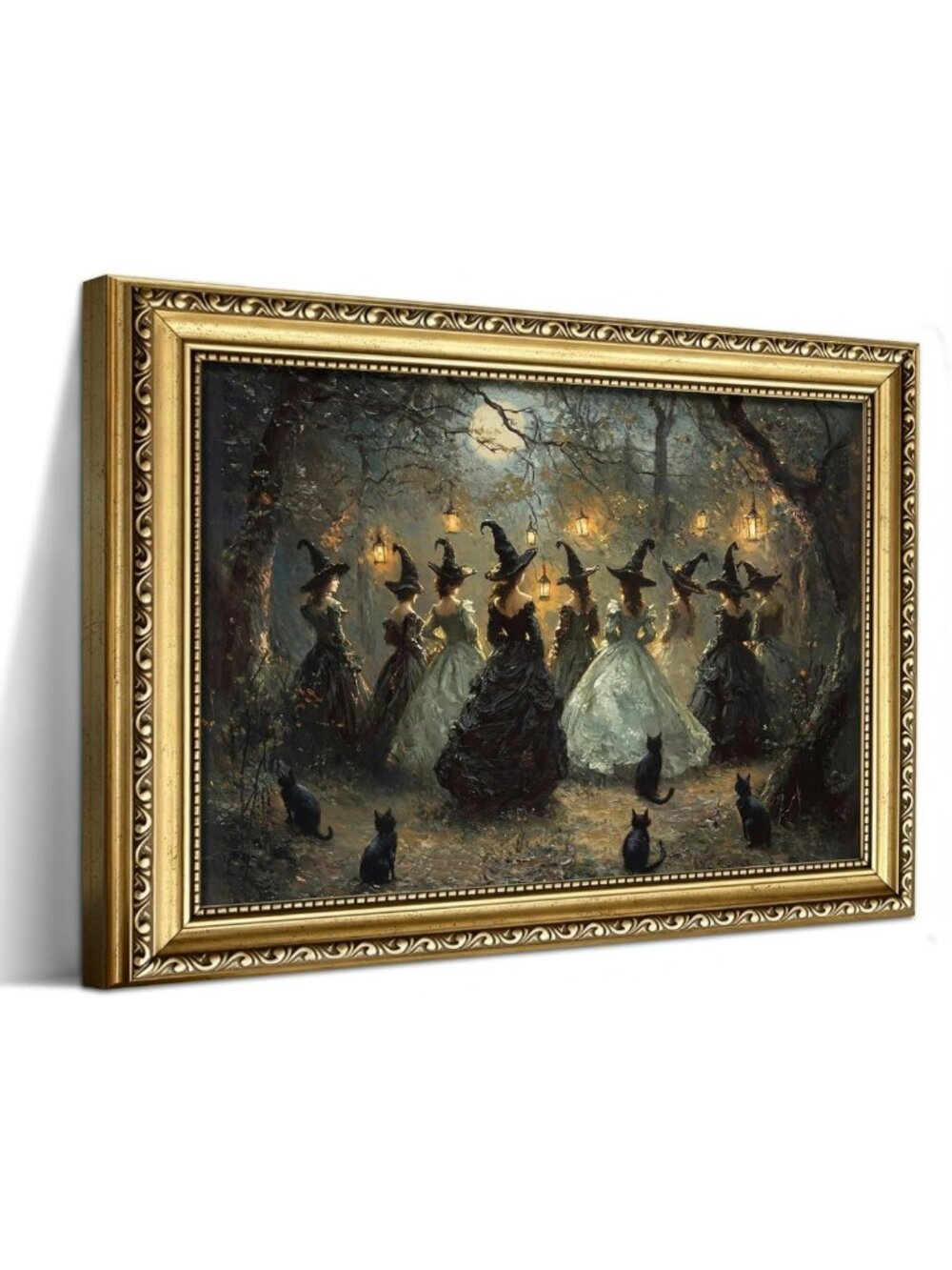 Spooky Witch & Black Cat Halloween Wall Art - Gold Framed 16x24 Inch Decor